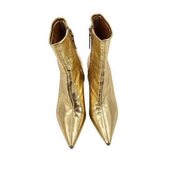 Zara Metallic Gold Leather Kitten Heel Booties Shiny Pointed Toe Boots Size 39/8 - Picture 2 of 11